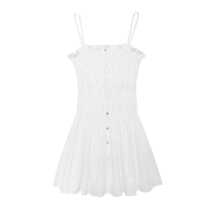 Femme Gestufte Smocked Mini Kjole med justerbare Spaghetti-stropper Stilla