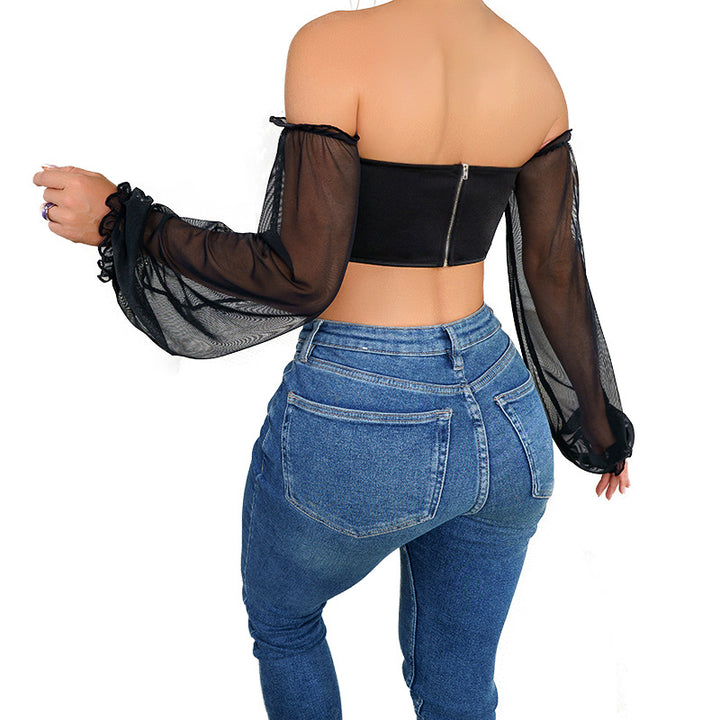 Dame Off-Shoulder Top med transparent bluseærme Stilla