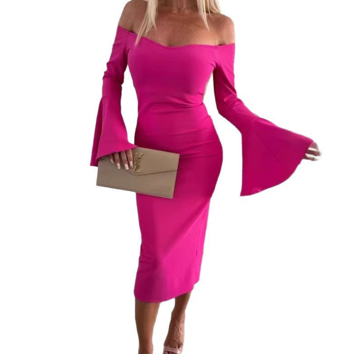 Dame Off-Shoulder Bodycon Midi Kjole med udvidede ærmer Stilla