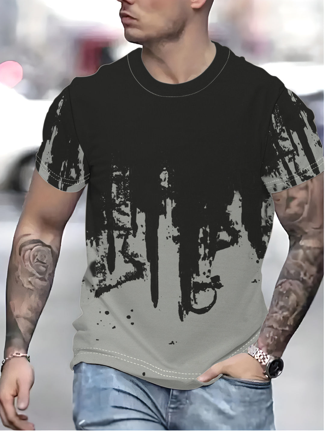 Herre T-shirt med kreativ farveovergang og unikt graffiti-design Stilla