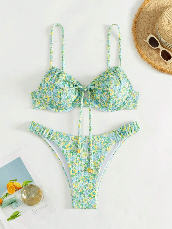 Dame Floral Bikini med højkvalitets rynker og justerbare stropper Skovae