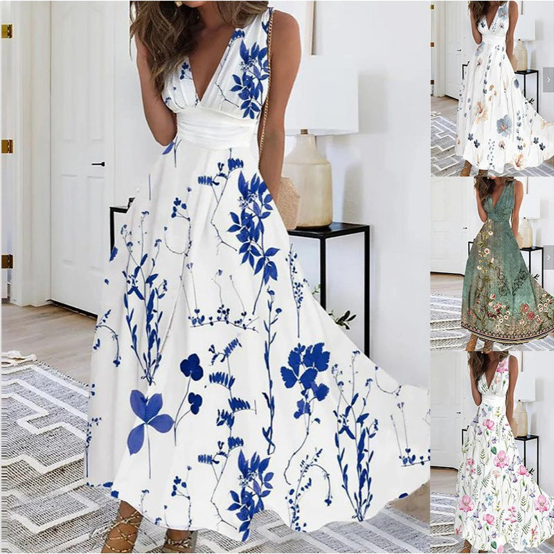 Dame maxikjole med moderne blomsterdesign og V-hals Stilla