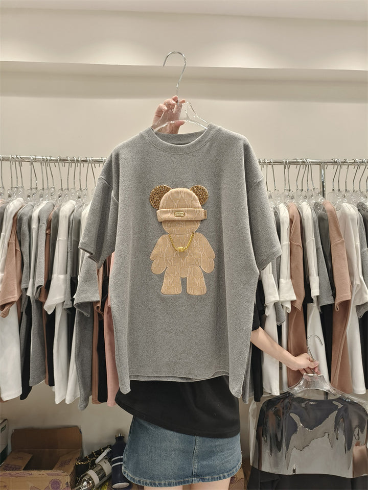 Dame T-shirt med kreativ bjørnemotiv og luksuriøse detaljer Stilla