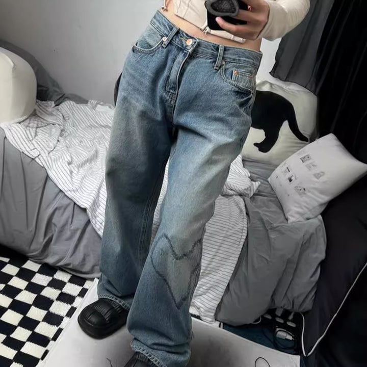Damer Bredskårne Denim-Jeans med Hjerte-design Stilla