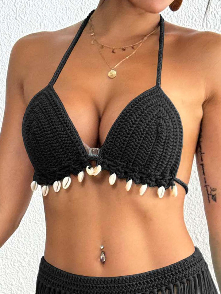 Dame Hæklet-Bikini-Top med Muslingpryd og frynset Design Stilla