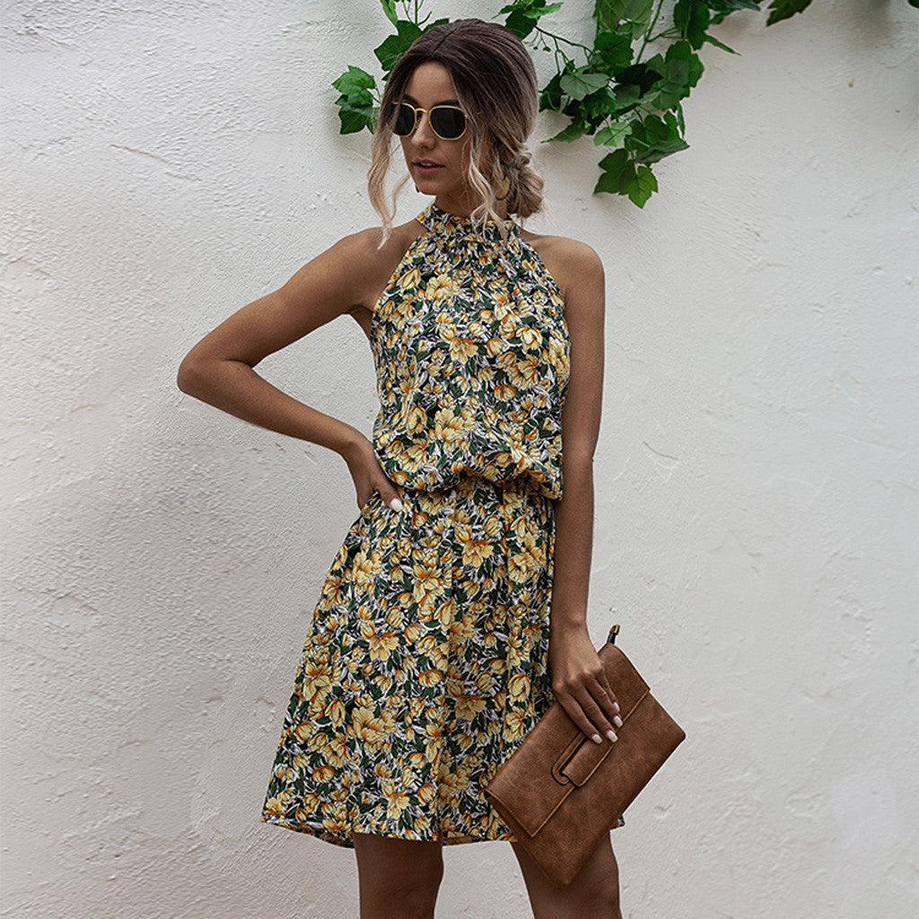 Dame Halter Neck Floral Mini Kjole med rynket Talje Stilla