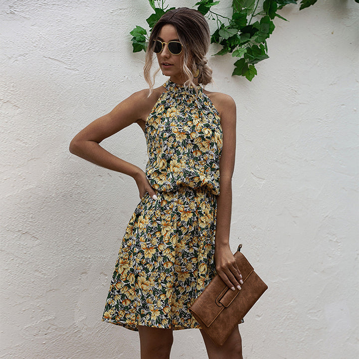 Dame Halter Neck Floral Mini Kjole med rynket Talje Stilla