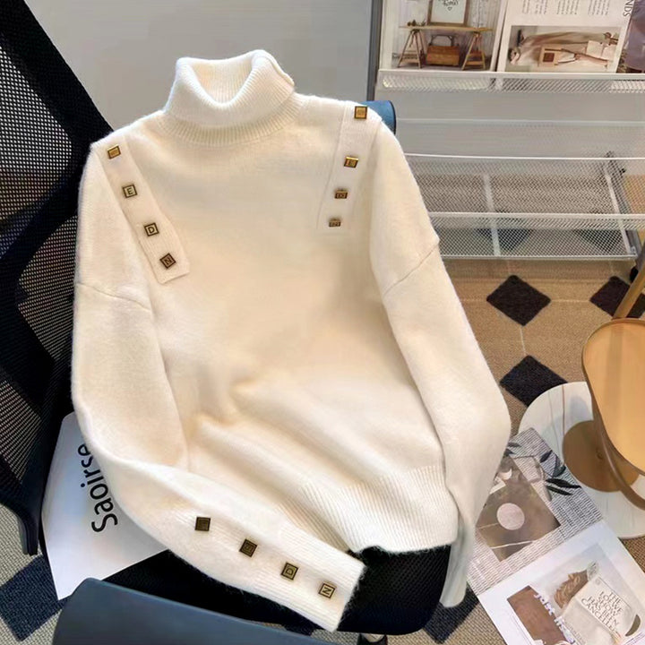 Dame højkrave strikpullover med dekorative knapper Stilla