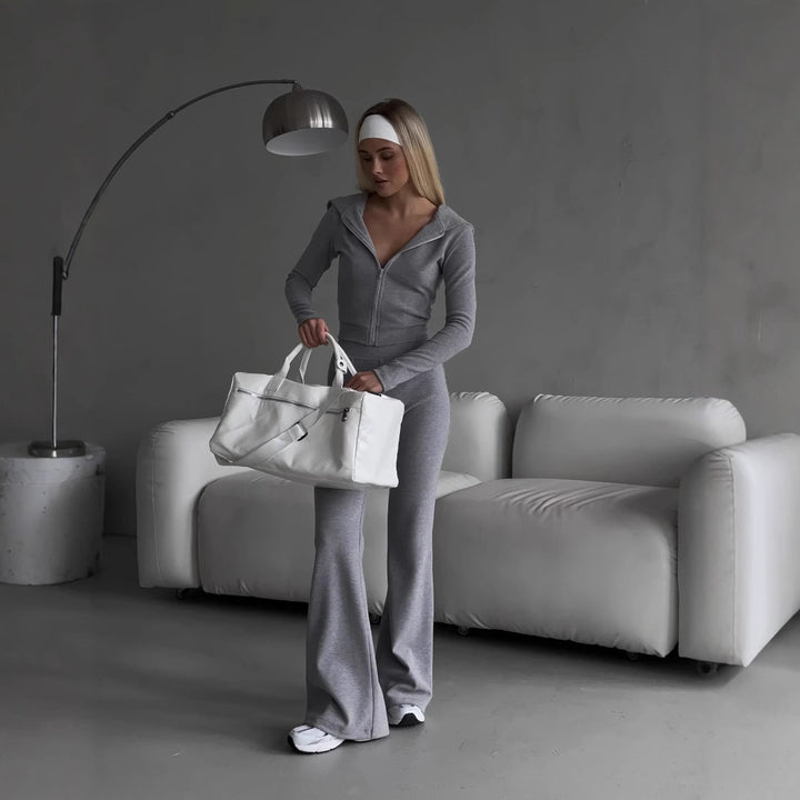 Kvinders fashionable zip hoodie og sporty leggings sæt Skovae