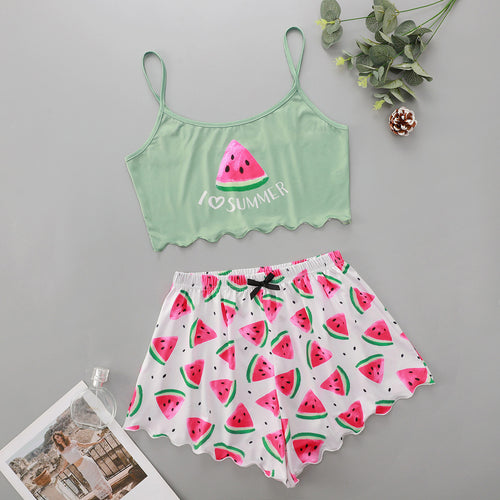 Dame sommerligt crop-top og shorts sæt med vandmelon motiv Stilla