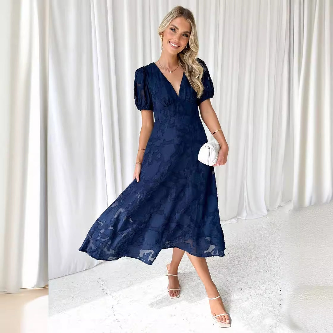Dame Elegant Maxi Kjole med Flæseærmer og Blomster Tekstur Stilla