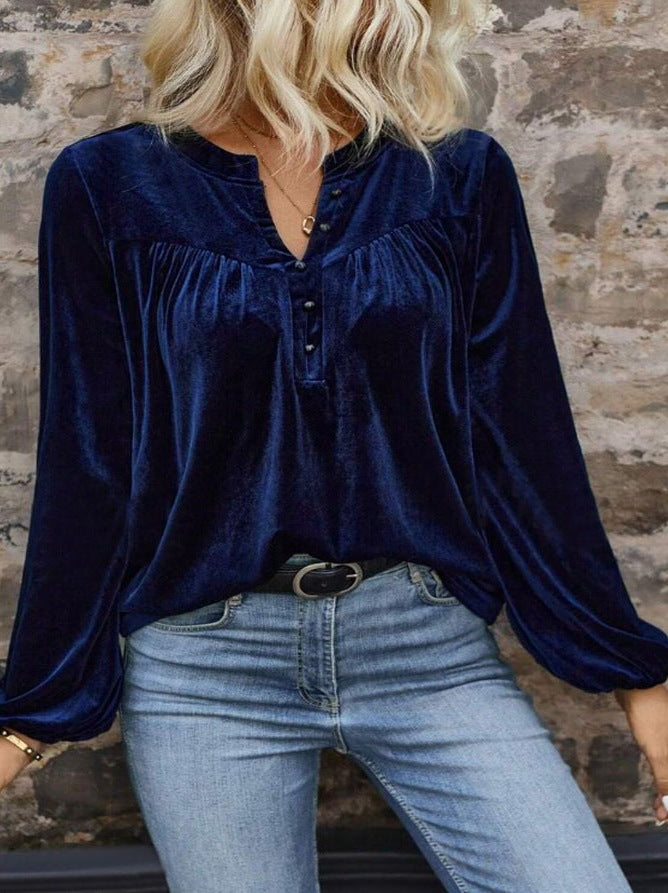 Dame elegant veloursbluse med knapliste Stilla