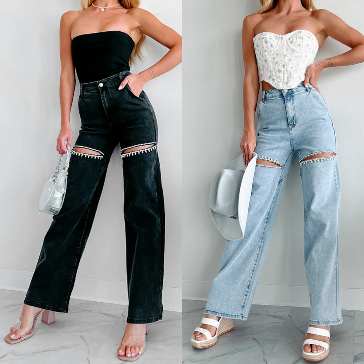 Dame Modejeans med cut-outs og pyntet kant Stilla
