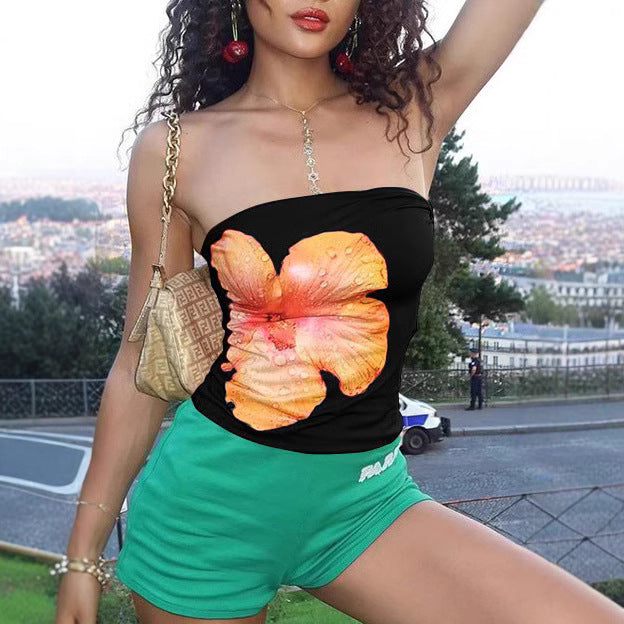 Dame Bandeau-top med stilfuldt blomsterprint og elastisk kant Skovae