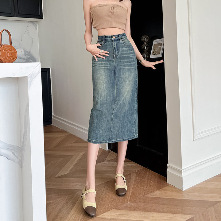 Damer Lang Denim Nederdel med Front Slids Stilla
