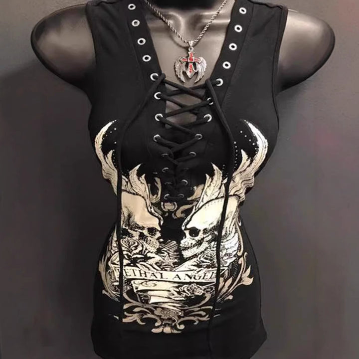 Dame Rockabilly kjole med snøringslook og grafisk print Skovae