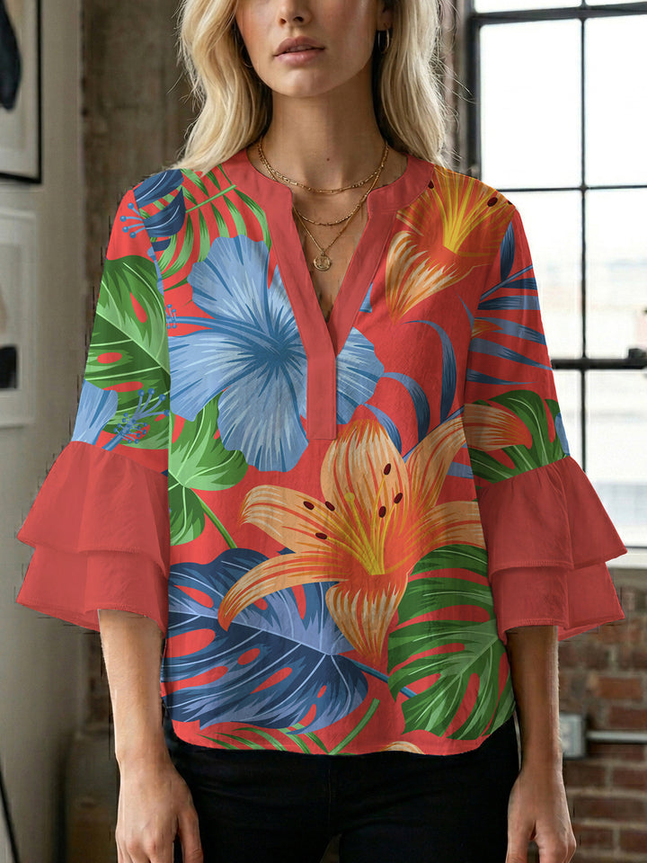 Dame elegant top med voluminøse flæsekanter og blomsterdesign Skovae