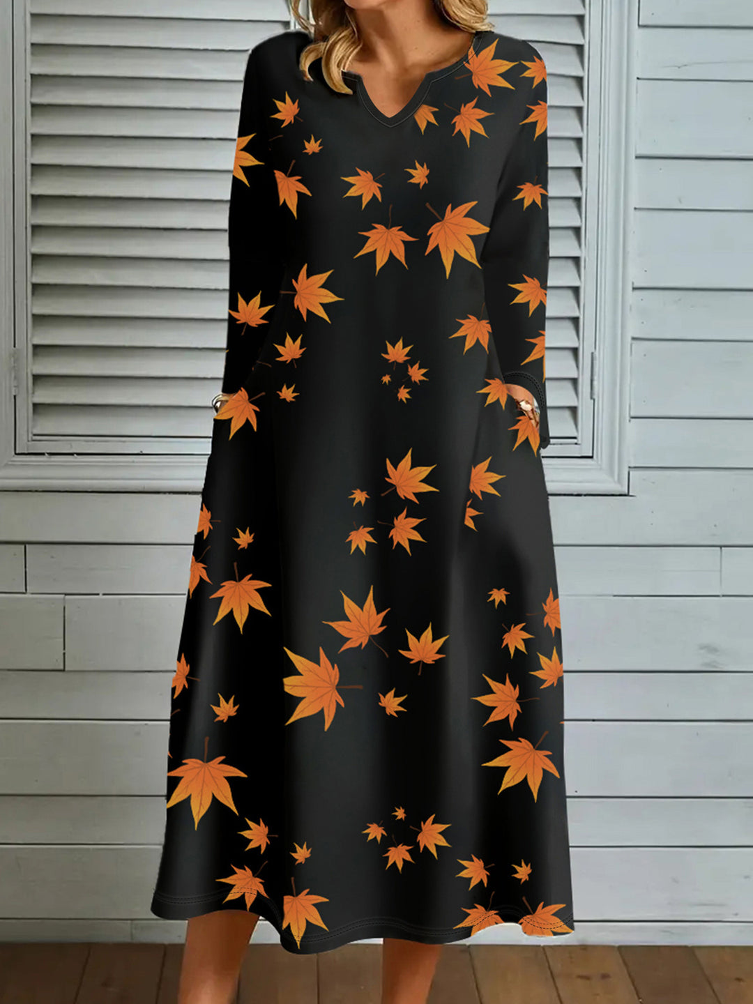 Dame Elegante Maxikjole med efterårsblade motiver og V-udskæring Stilla