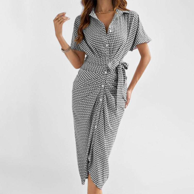 Dame skjortekjole med flot bindebælte og elegant tryklook Stilla