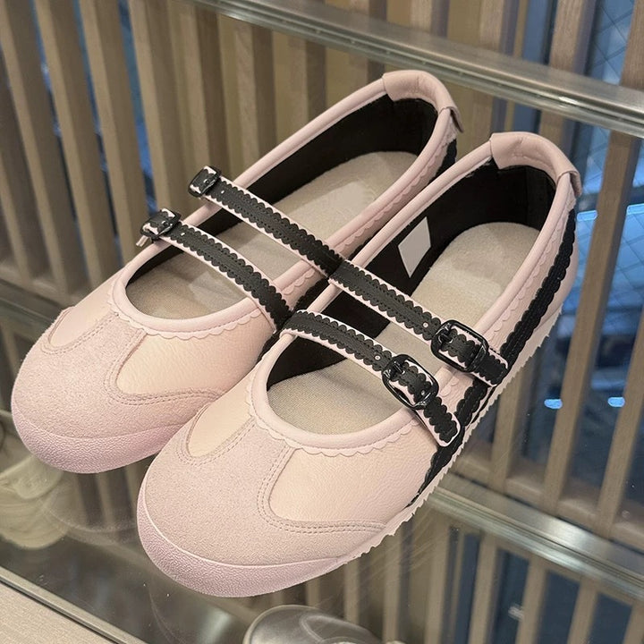 Dame elegante Mary Jane Ballerinas med dobbelt rem og dekorativ trim Stilla