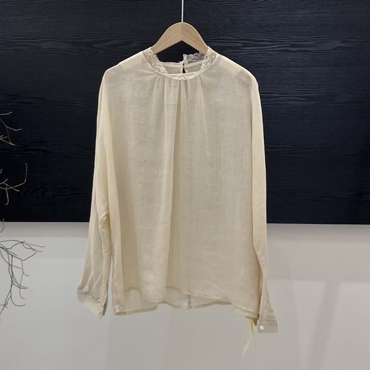 Femme Elegante Gennemsigtig Langærmet Bluse med Spidsapplikationer Stilla
