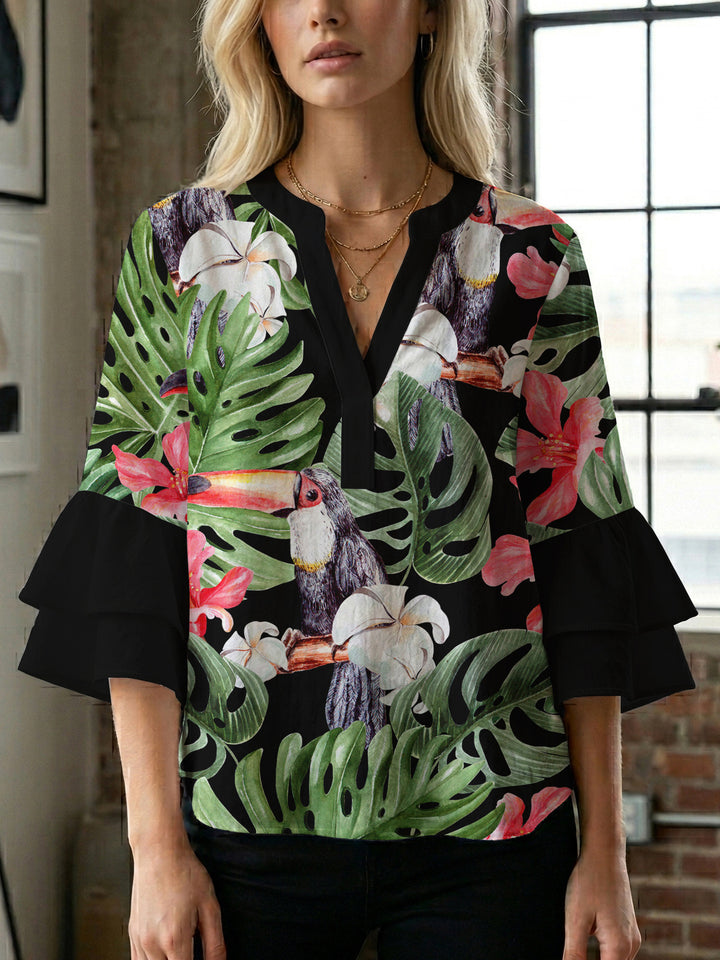 Damebluse med voluminøse rynkede ærmer og blomstertryk Skovae