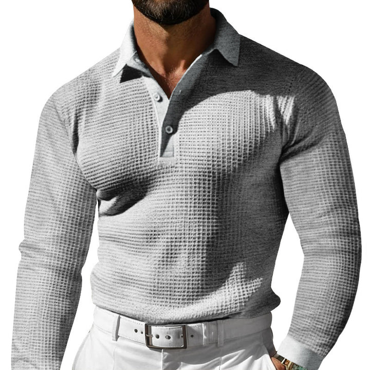 Herren nan figurbetontes Langarm-Poloshirt aus feiner Waffelmasche mit schmalem Milano-Kragen und elastischem Saum Skovae