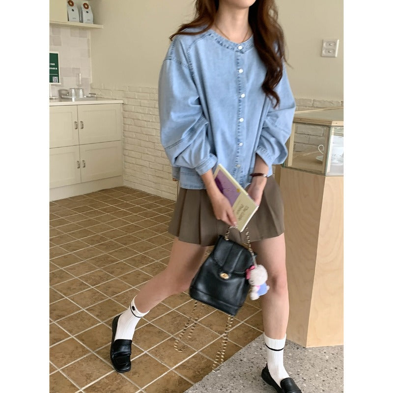 Kvinders fashionable denim bluse med puffærmer Stilla