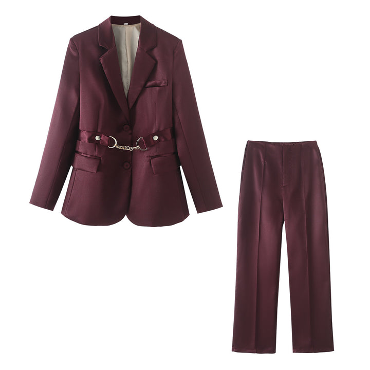 Dame elegant satin blazer sæt med kædeaccent Stilla