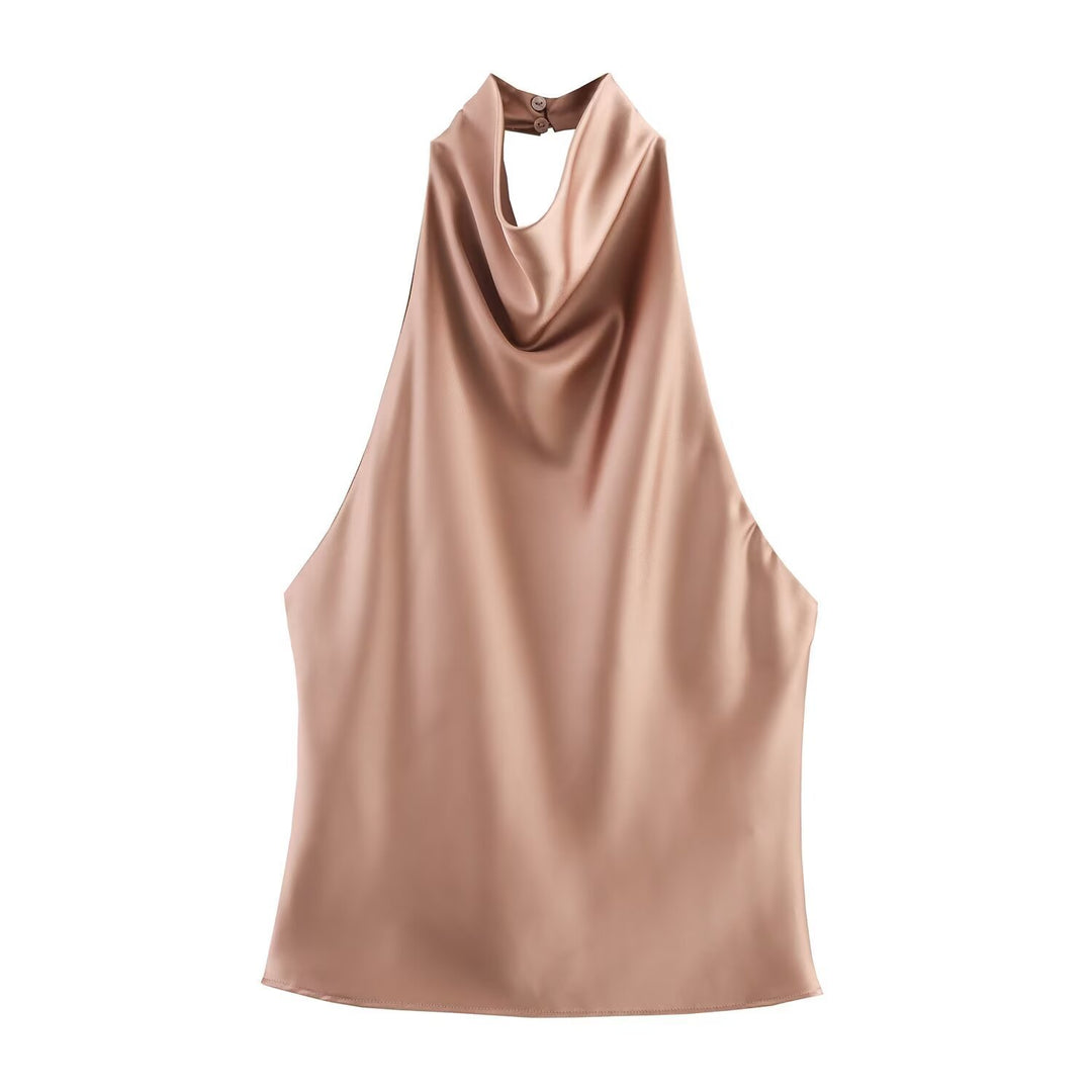 Dame elegant halterneck top med flydende snit og dekorative detaljer Skovae