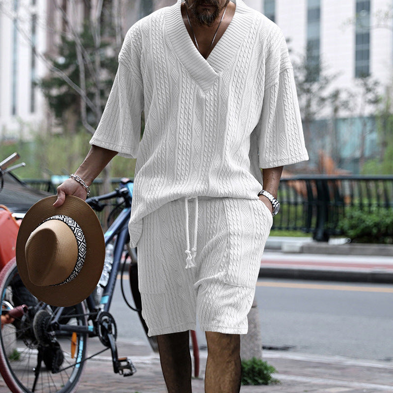 Herren casual struktur strik sæt med dyb V-udskæring boxy kortærmet sweater og snore shorts Skovae
