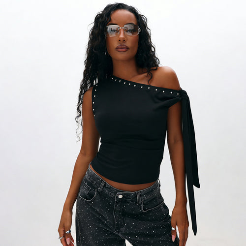 Dame Elegant One-Shoulder Top med dekorative sten Skovae
