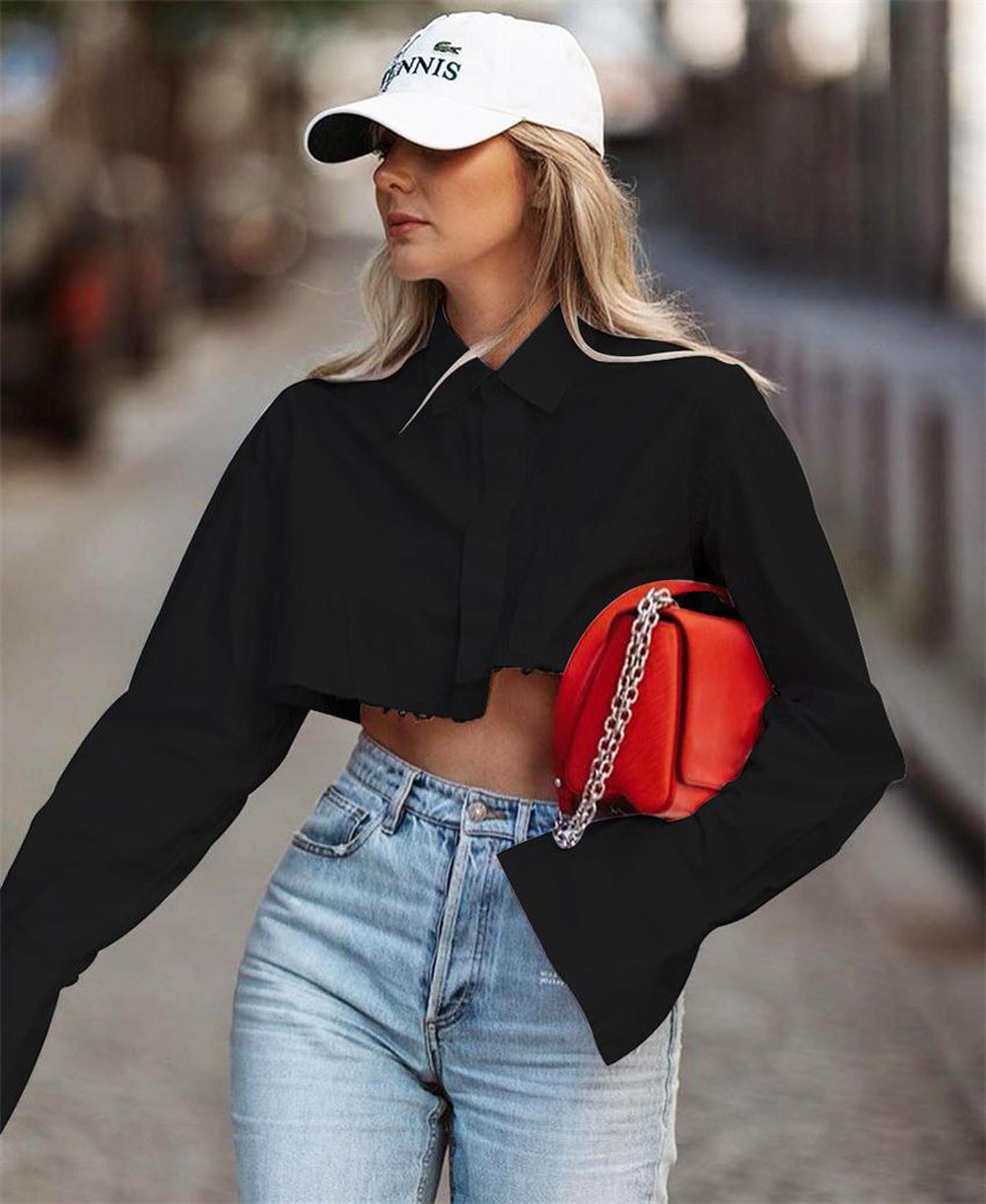 Dame Trendy Cropped Skjorte med Vid Arm Stilla