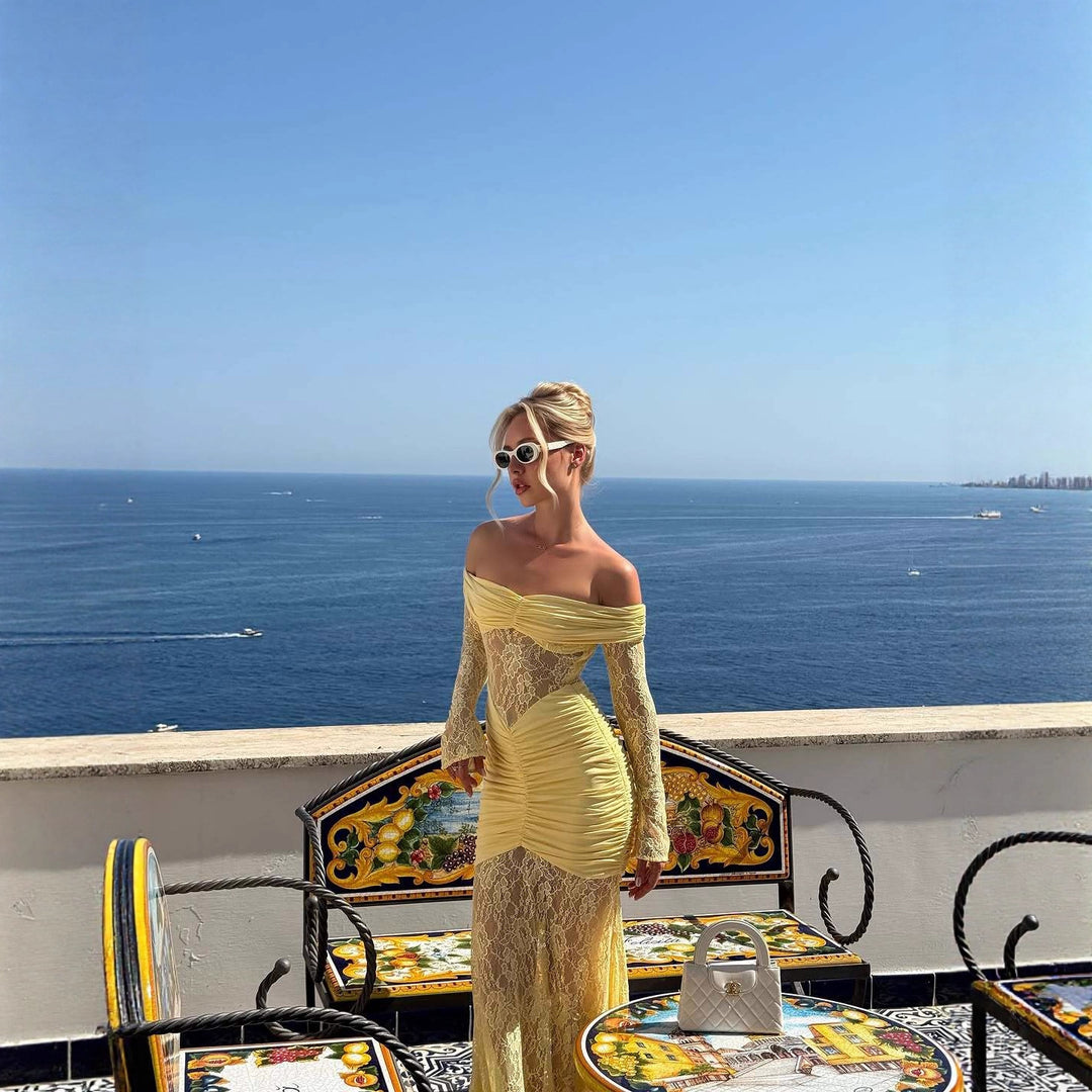 Damer Elegant Spids-Maxikjole med elegant Off-Shoulder Design og Rynker Skovae