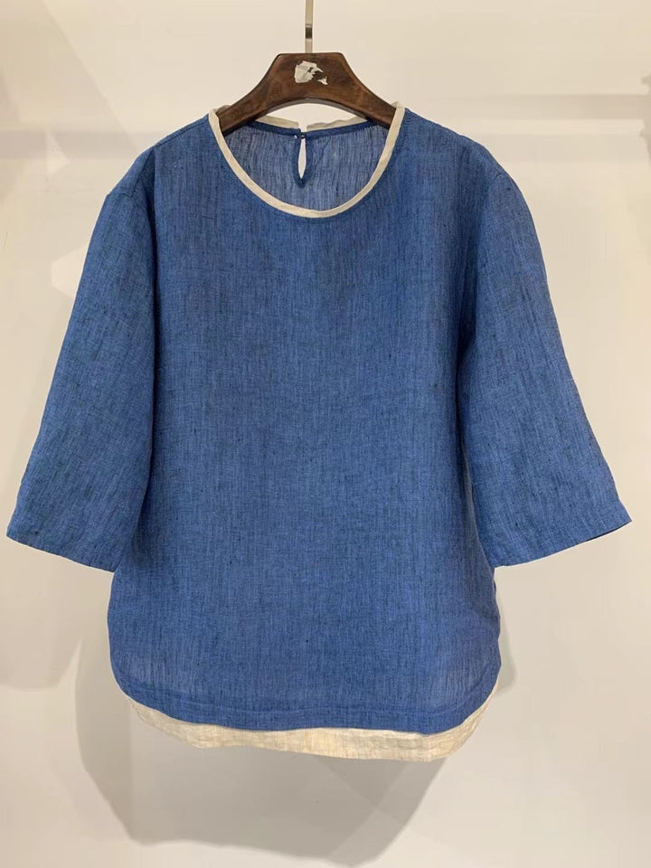 Femme Elegante Linned blouse med trekvartærmer Stilla