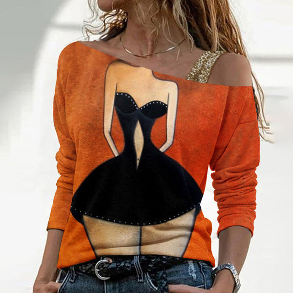 Dame afslappet Off-Shoulder top med kreativt tryk og bløde materialer Stilla