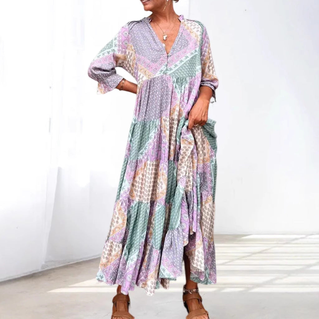 Dame Maxikjole med kunstnerisk patchwork-design Stilla