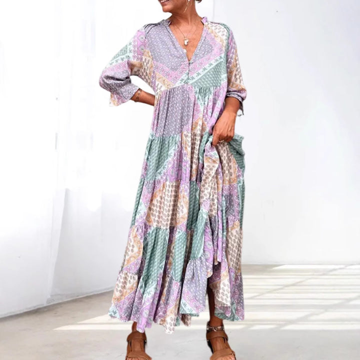 Dame Maxikjole med kunstnerisk patchwork-design Stilla