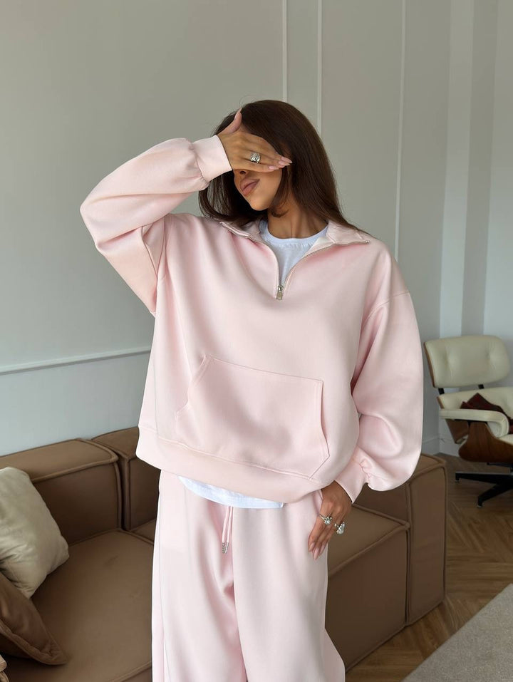 Dame behagelig og stilfuld fleece-pullover med halv lynlås og løse bukser Stilla