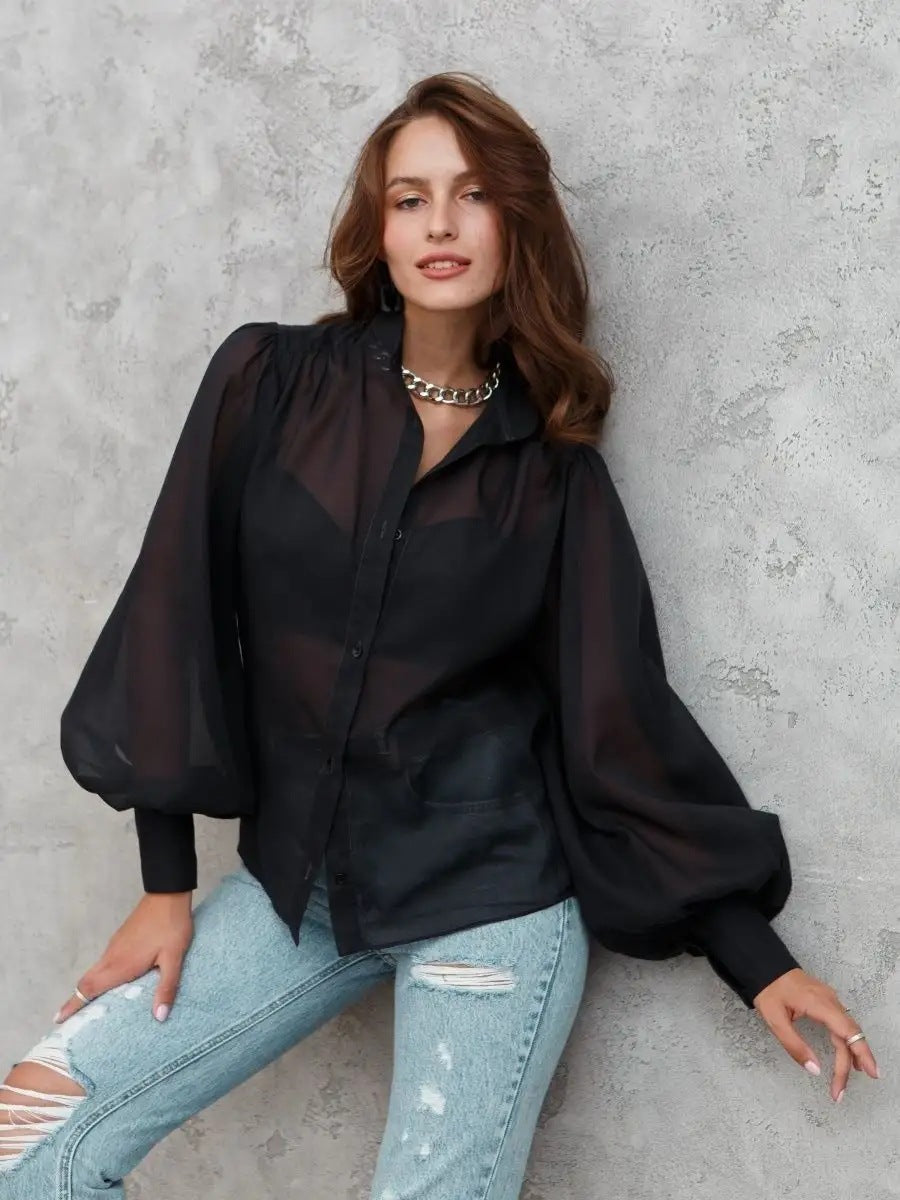 Damer Elegant Bluse med voluminøse Puffærmer og gennemsigtigt Stof Stilla