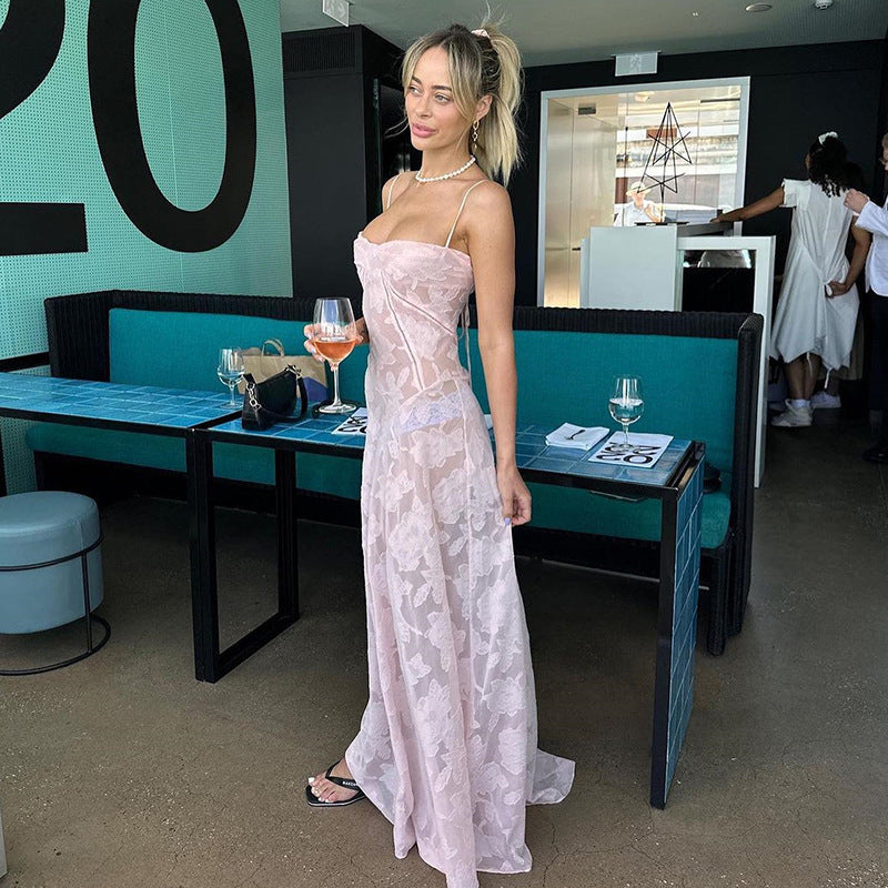 Dame maxikjole med transparent overdel og fint spidsermønster Skovae