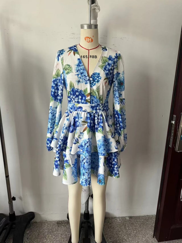 Femme Rüschen Floral V-halskjole med lange ærmer Stilla
