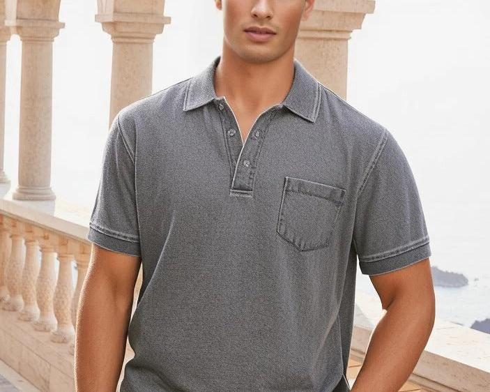 Herrers poloshirt med knaplukning og fint denim-look Stilla