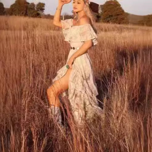 Kvindernes Boho Flæse Kjole med Off-Shoulder Design og Flydende Stof