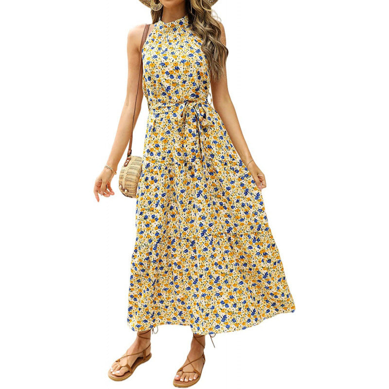 Femme Floral Print Maxi Kjole med justerbart Bindebælte Stilla