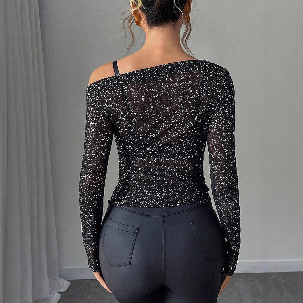 Dame elegant langærmet top med asymmetrisk udskæring og glitrende design Stilla