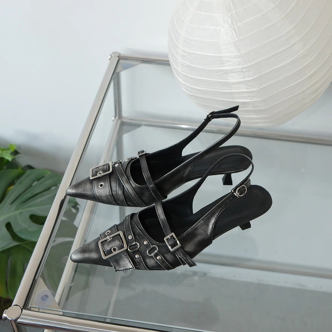 Dame Elegant Spids Tå Slingback Højhælede Sko med dekorativt Spænde-Detail Stilla