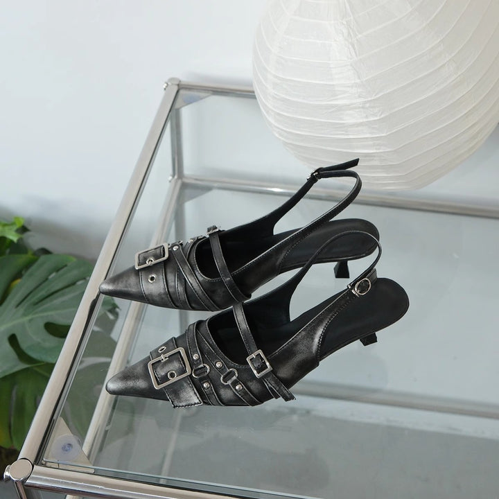 Dame Elegant Spids Tå Slingback Højhælede Sko med dekorativt Spænde-Detail Stilla