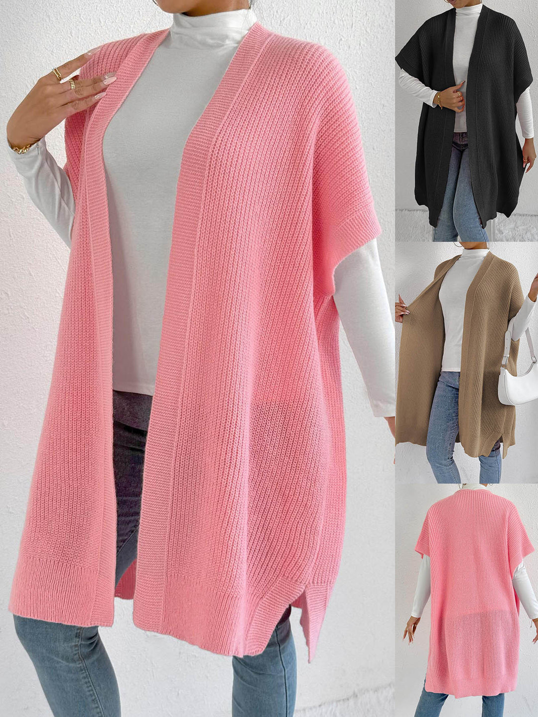 Dame strikjakke i afslappet oversized stil med åben front og sideslids Stilla