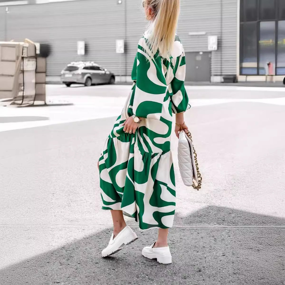 Dame Maxi-langærmet kjole med elegant indpakningsdesign og trendy mønster Stilla